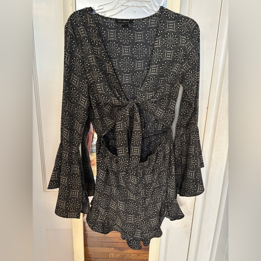 Revamped Black & Cream Lace-Style Pattern Romper